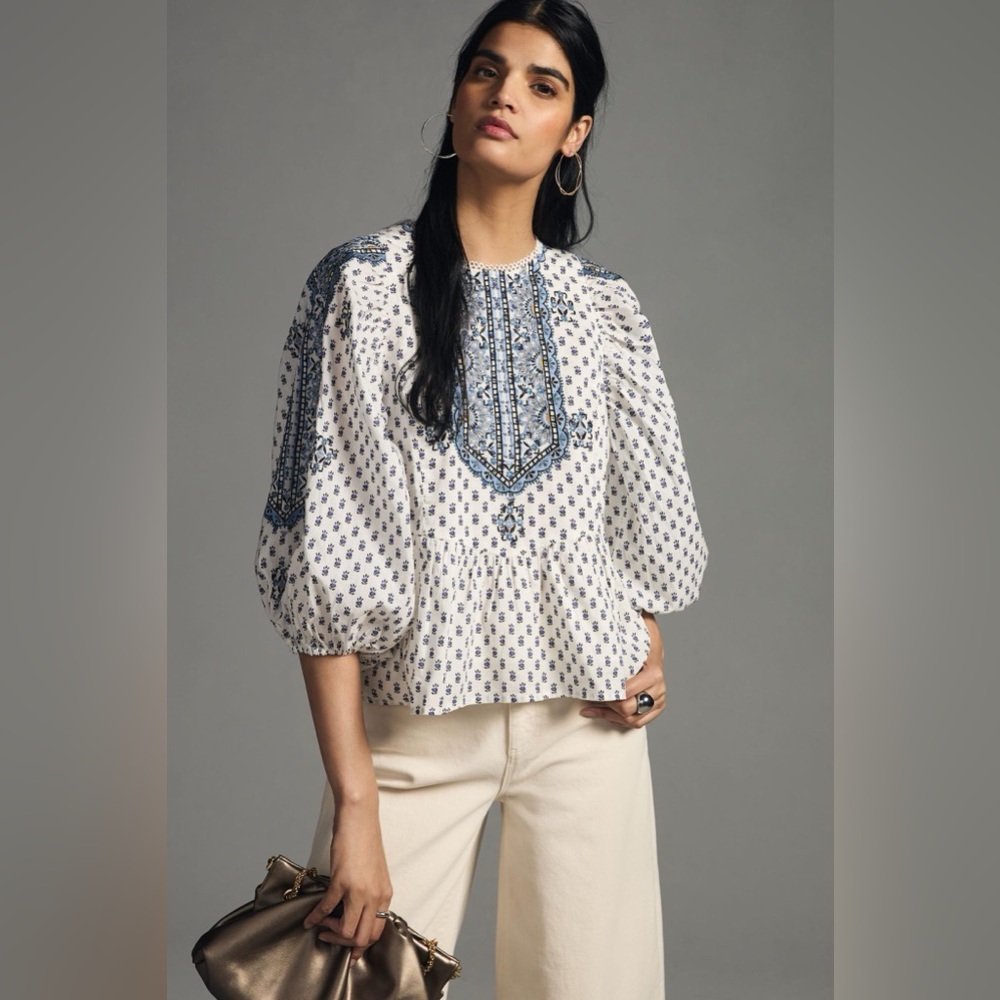Anthropologie, size M, Blue Motif Embroidered Printed Peasant Blouse